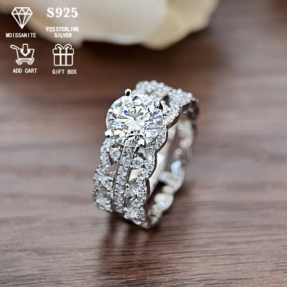 This stunning set of two rings is made of approximately 5.6g of low allergy S925 pure silver. Each ring features a 2 carat colorful moissanite stone in a palace style setting, perfect for women who love luxurious and stackable jewelry. Ideal for a