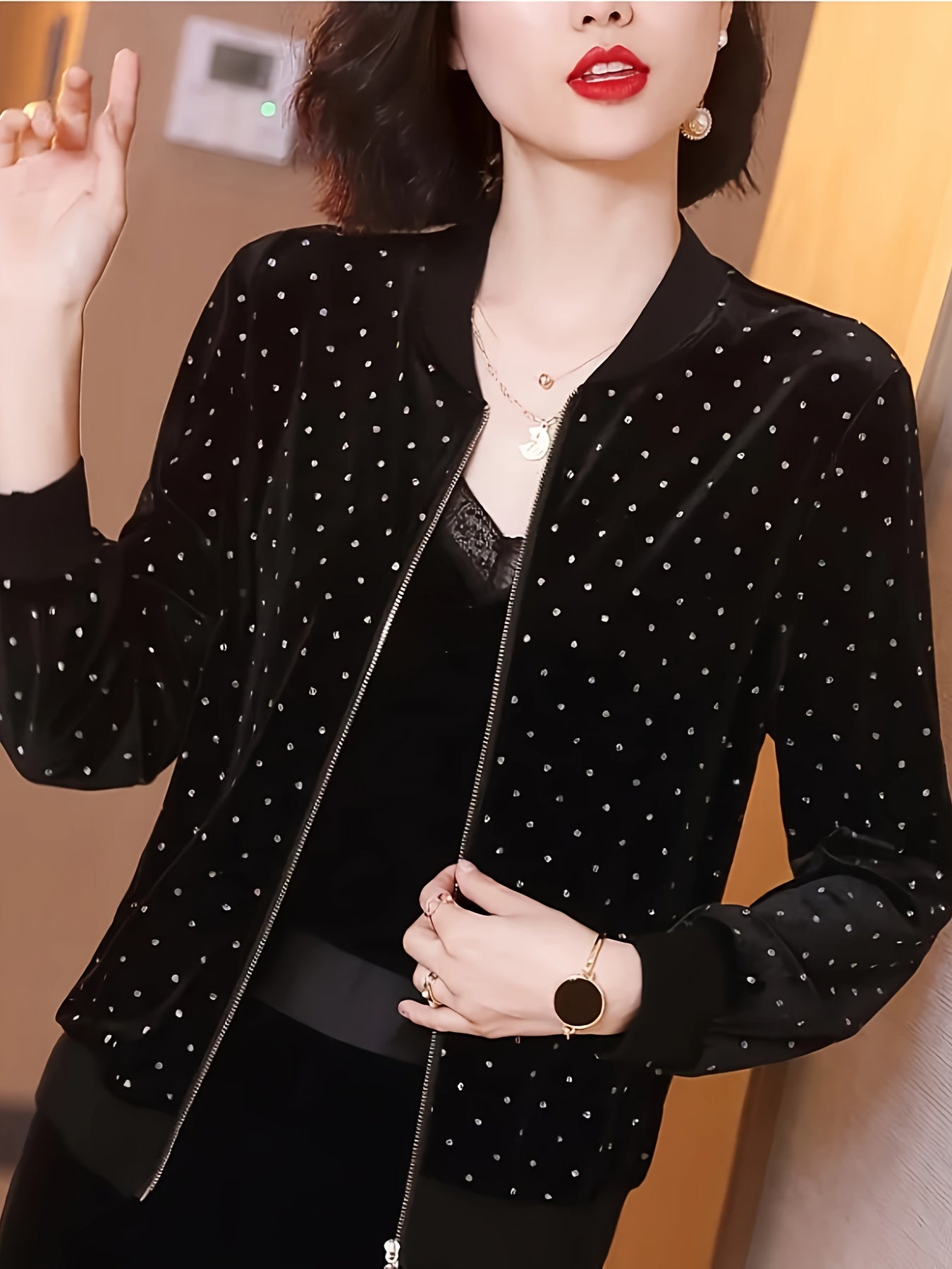 Lightweight women's bomber jacket with rhinestone dot design, zip-up, long sleeve, sun protection for Spring & Fall.