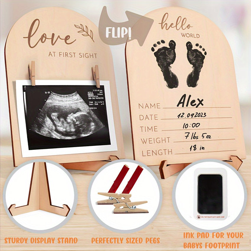 Introducing the 1pc Creative Wooden Ultrasonic Photo Frame with Double-sided Logo, perfect for your Pregnancy Announcement Sign. This unique Ultrasonic Photo Frame also makes a thoughtful Pregnancy Gift for New Mothers and adds a touch of charm to any