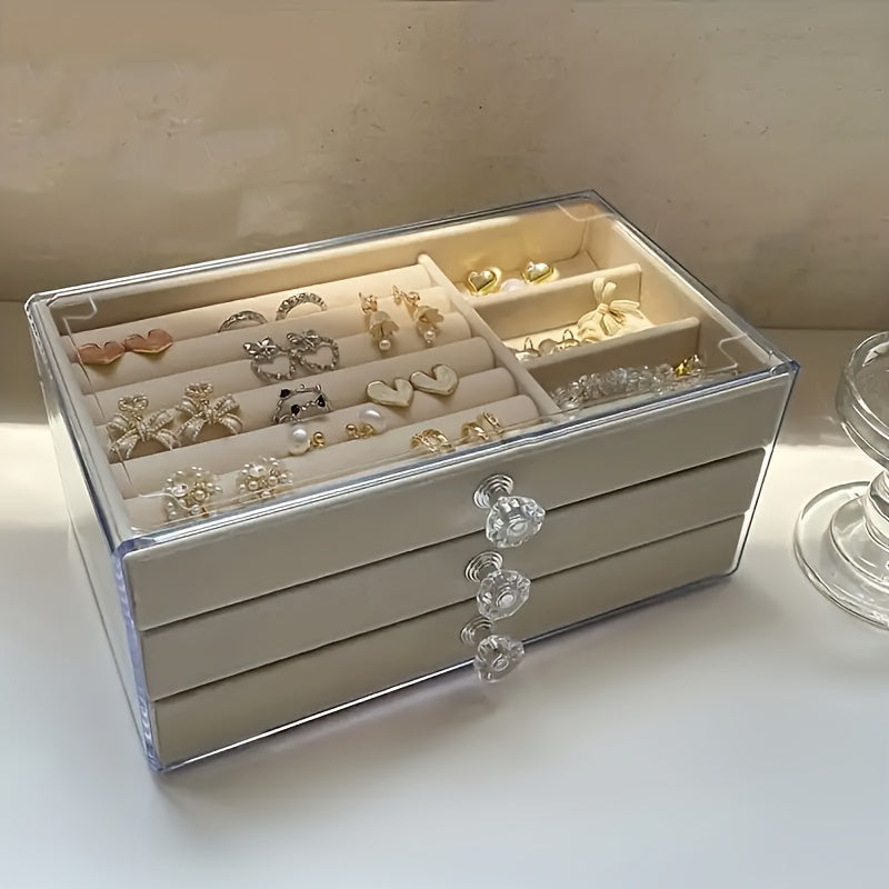 Jewelry Box with Three Layers for Organizing Earrings, Necklaces, and Rings, Transparent Design with Anti-Oxidation Protection