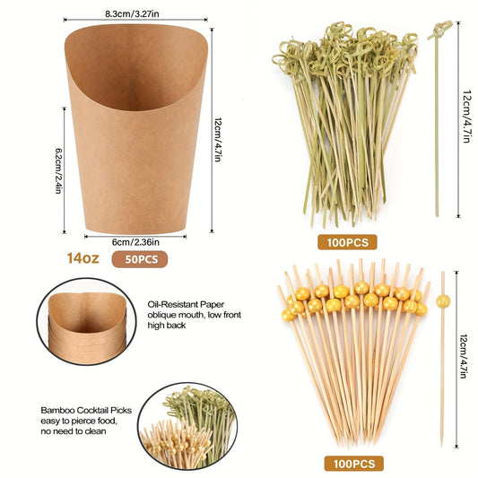 Набор одноразовых крафт-бумажных чаш для закусок из 250 штук, включая коктейльные шпажки, коробки для закусок, маслоустойчивые для различных мероприятий, таких как вечеринки, барбекю, кемпинг, подача фруктов, закусок, вафельных десертов и картофеля фри.