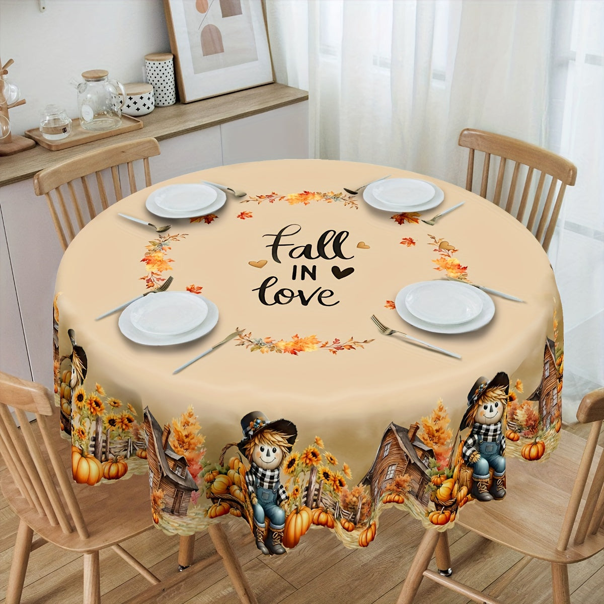 Charming scarecrow and autumn harvest tablecloth made of water-repellent, wrinkle-free polyester. Featuring festive pumpkin, sunflower, and rustic house design. Ideal for Thanksgiving, theme parties, and holiday decor both indoors and outdoors, as well