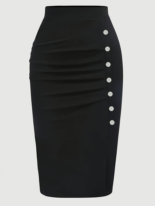 Black pencil skirt for plus size women with ruched detail and decorative buttons, high waist, made of polyester, machine washable