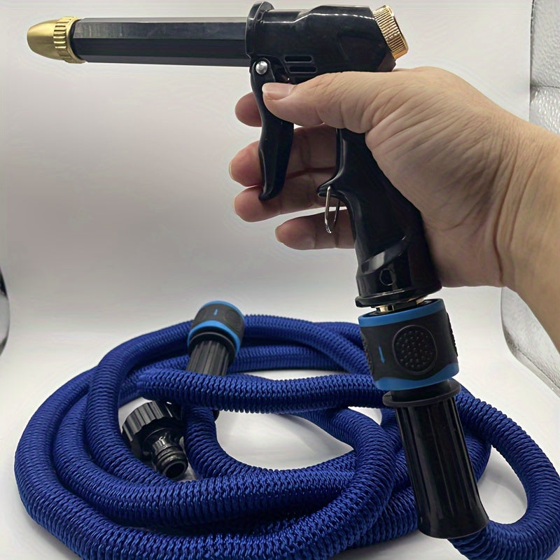 Telescopic car wash hose with high-pressure water gun, portable and durable for car and pet cleaning. 30.48 meters in length.