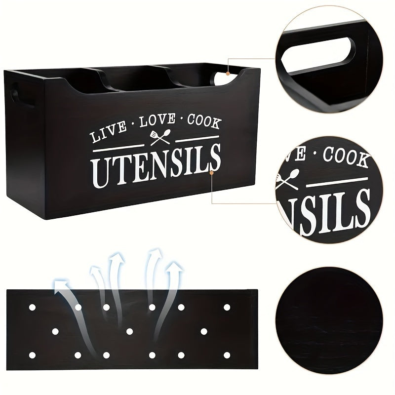 Wooden utensil caddy with "Live Love Cook" motif, open top kitchen organizer.