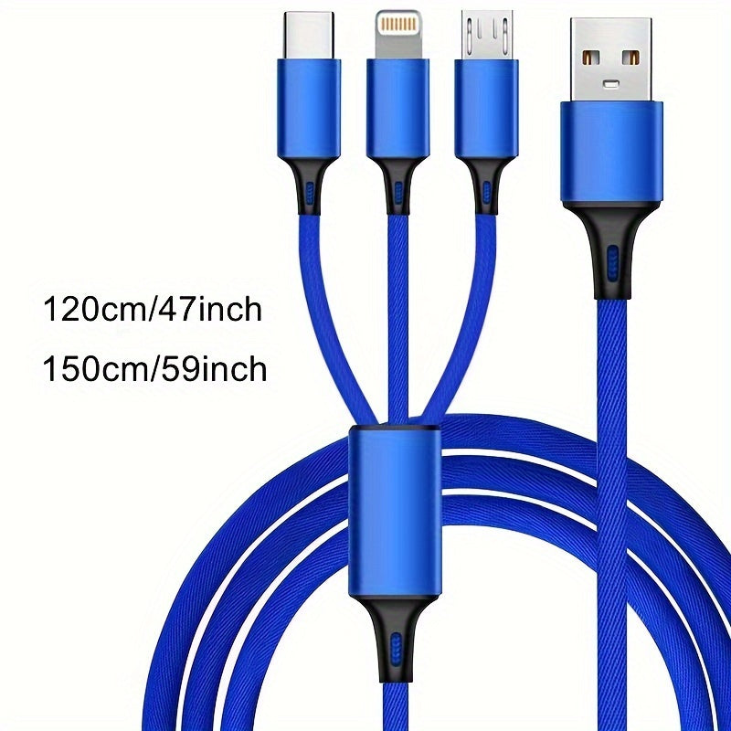 OLISHEN 3-in-1 nylon braided charging cable for various devices, 5-10W power, 149.35cm/118.87cm.