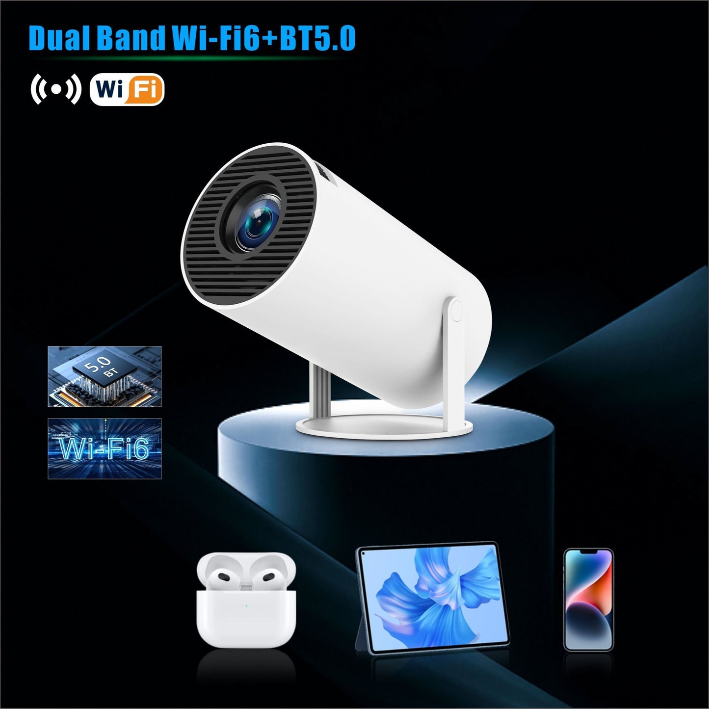 HY300 Pro Mini Portable Projector with auto horizontal correction, 180° rotatable design, and compatibility with phones. Features Wi-Fi 6, BT5.2, and runs on Android 11. Ideal for outdoor