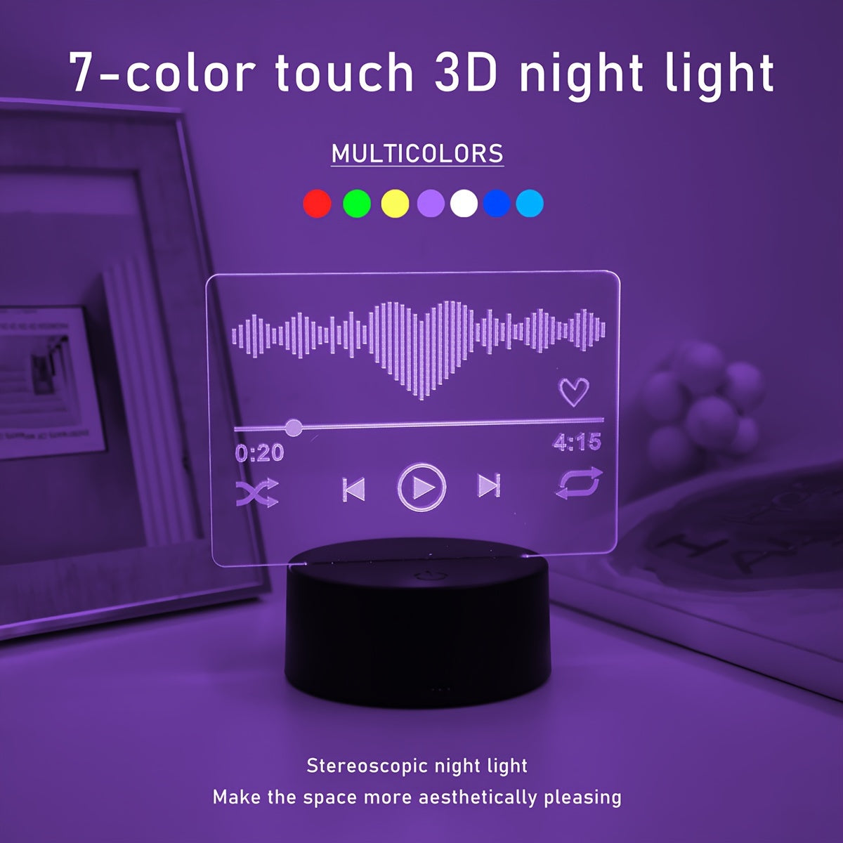 3D Music Player Night Light with Touch Control - USB-Powered, 7-Color Ambient Lighting for Bedroom & Living Room, Ideal Gift