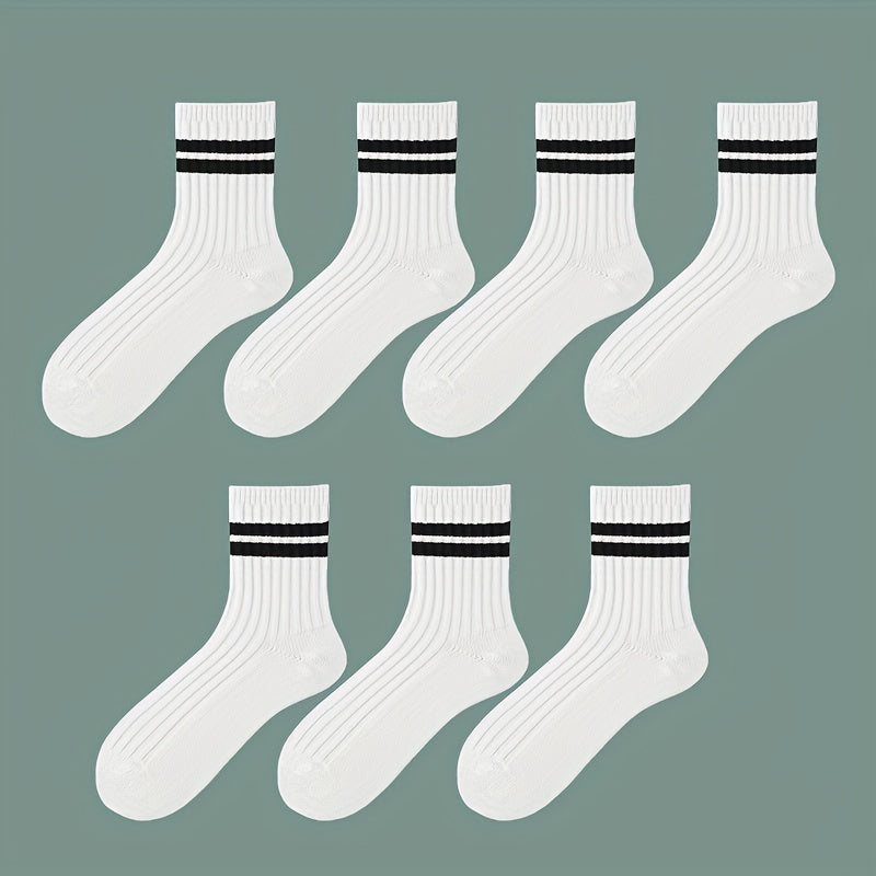 7 pairs of black and white thick mid-length socks for comfortable and breathable wear in autumn and winter.