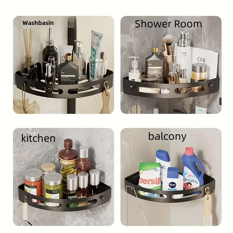 Triangle corner shower shelf for shampoo, gel, and makeup storage. Mounts on wall without drilling. Lightweight plastic design.