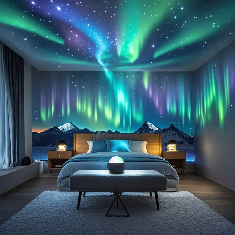 Experience the beauty of Aurora Dreams with this USB-powered starry night sky projector featuring the Northern Lights. Control the adjustable brightness and create the perfect ambiance for your bedroom or game room with the remote control.