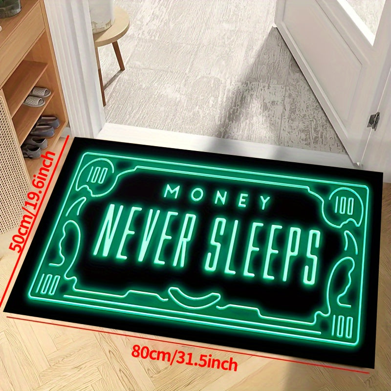 Money Never Sleeps Rug: This non-slip resistant mat features a print design and is machine washable and waterproof, making it perfect for use in the living room, bedroom, nursery, patio, garden, or yard. Enhance your home decor with this versatile rug.