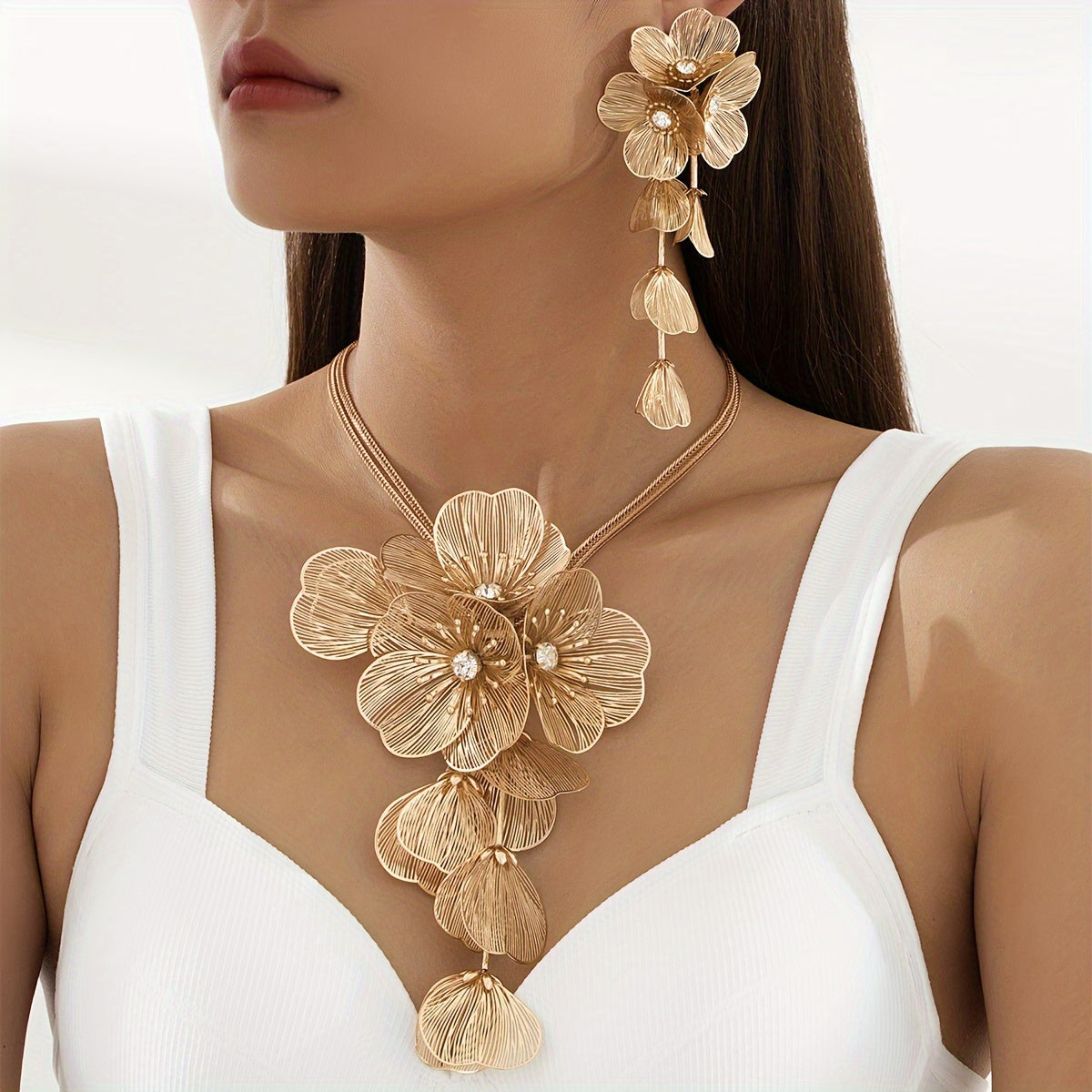 Stylish Flower Y-Necklace Set with Tassel Earrings, Elegant Boho Chic Design, 14K Gold Plated Copper with Glass Details, Perfect for Parties and Vacations - Versatile for Any Season