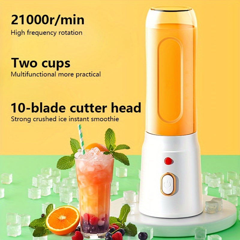 Portable USB charging juice cup with double cup option, blender, and optional juicer. Ideal for students and home use, this multifunctional juicer also doubles as a complementary food cup. Package includes 3 pieces.