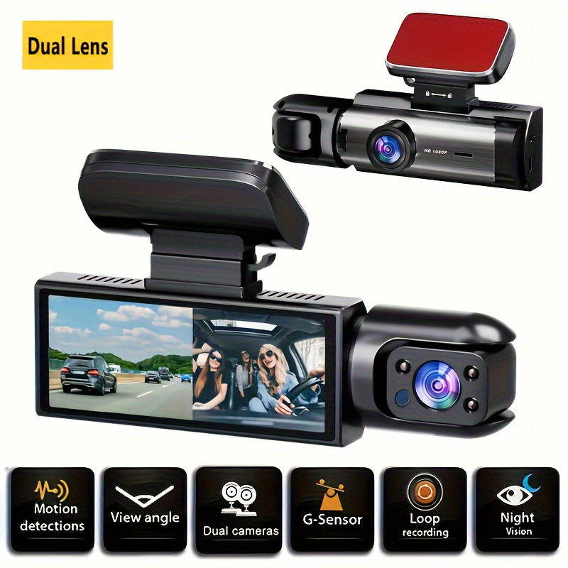 Dual camera dash cam for cars with front 1080P and inside 480P resolution, IR night vision, loop recording, wide angle dual lens, and 8.03 cm IPS screen. Optional 32GB SD card.