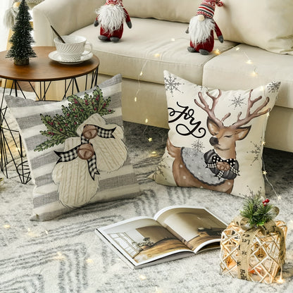 Set of 4 Christmas polyester throw pillow cases featuring reindeer and eucalyptus design. Ideal for decorating outdoor living rooms, bedrooms, couches, and sofas.