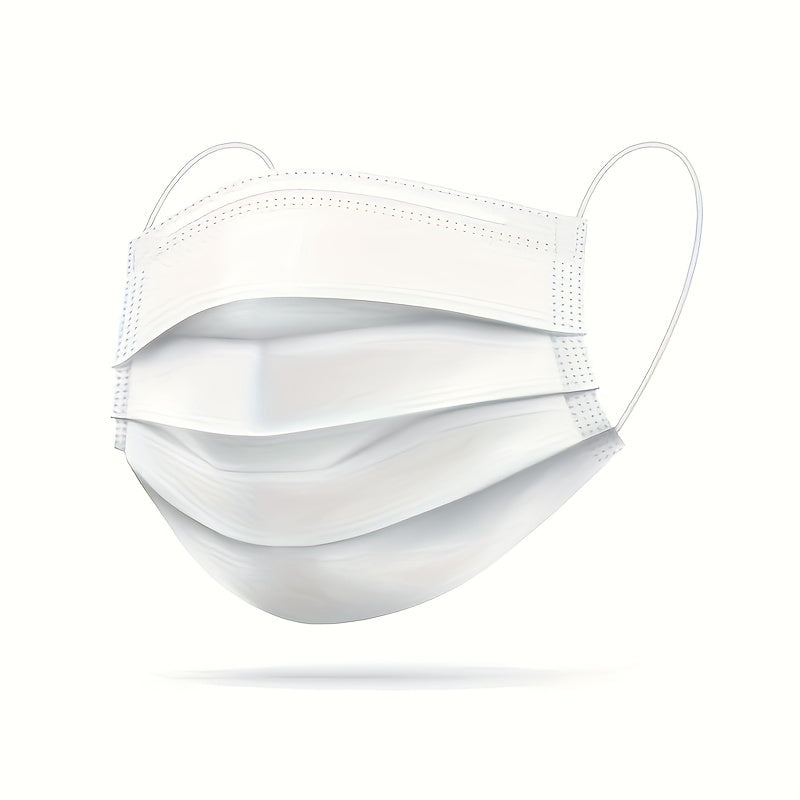 100 white disposable face masks for adults with adjustable ear loops and secure fit nose pad. Ideal for home and office use, hypoallergenic and breathable material.