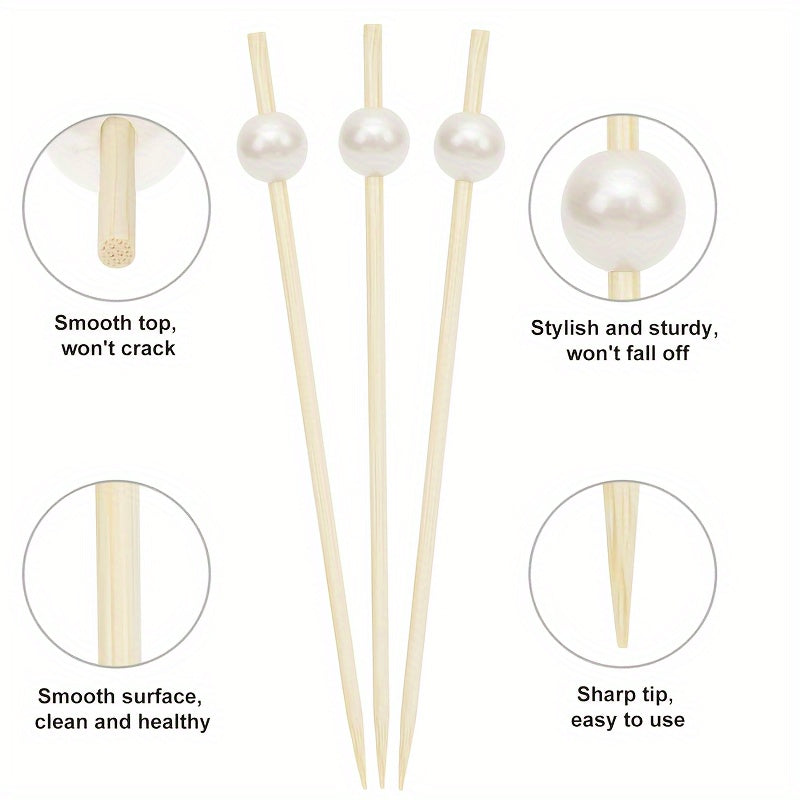 100 pieces of golden, pink, and white pearl bamboo toothpicks for weddings and parties, ideal for appetizers, fruits, and beverages on special occasions. Great for cakes, desserts, and cupcakes.