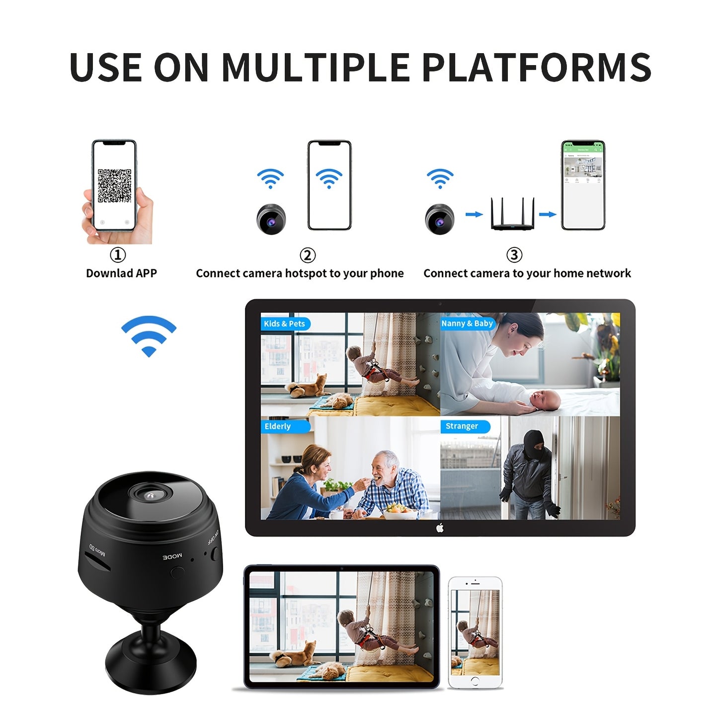 Small wireless security camera for indoor/outdoor surveillance, with remote viewing app, USB power, rechargeable battery, home assistant features, and personal housekeeper assistant.