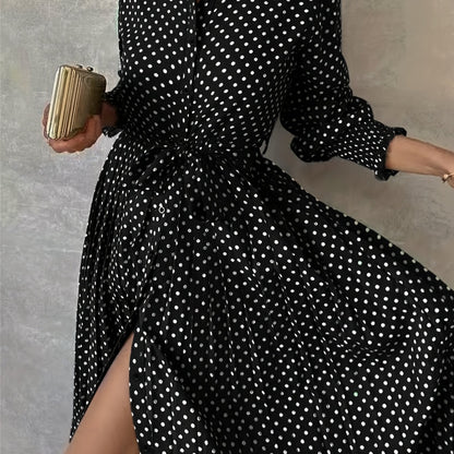 Long sleeve polka dots dress, elegant and suitable for adults, made of polyester for spring/fall.