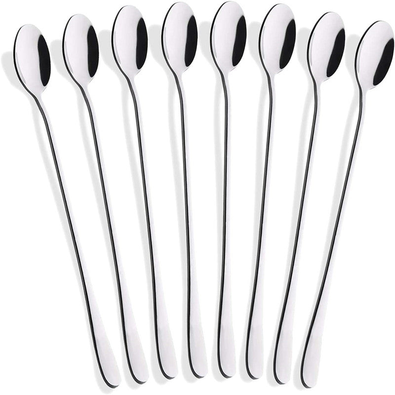 Set of 8 long-handle stainless steel spoons for stirring and mixing various beverages.