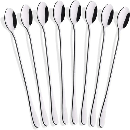 Set of 8 long-handle stainless steel spoons for stirring and mixing various beverages.