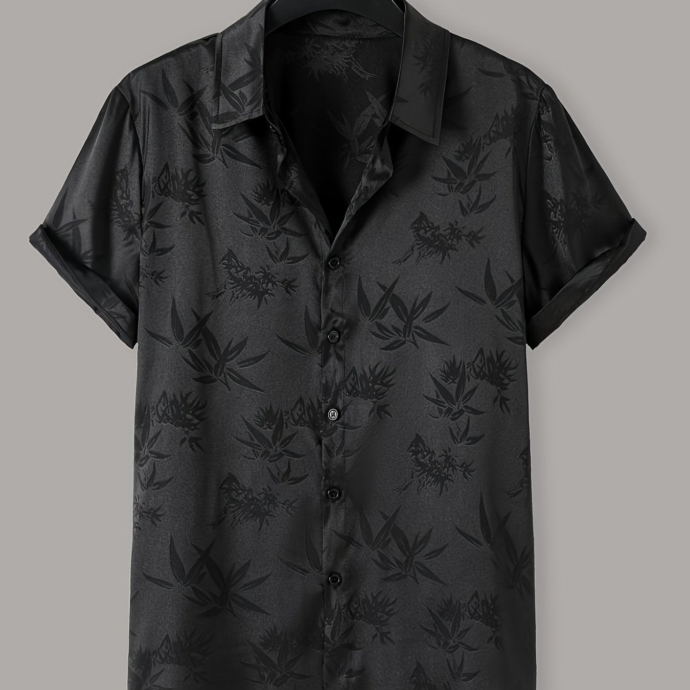 Men's casual short-sleeve button-up shirt with subtle floral print, made from lightweight polyester. Perfect for summer wear, collared design for easy care.