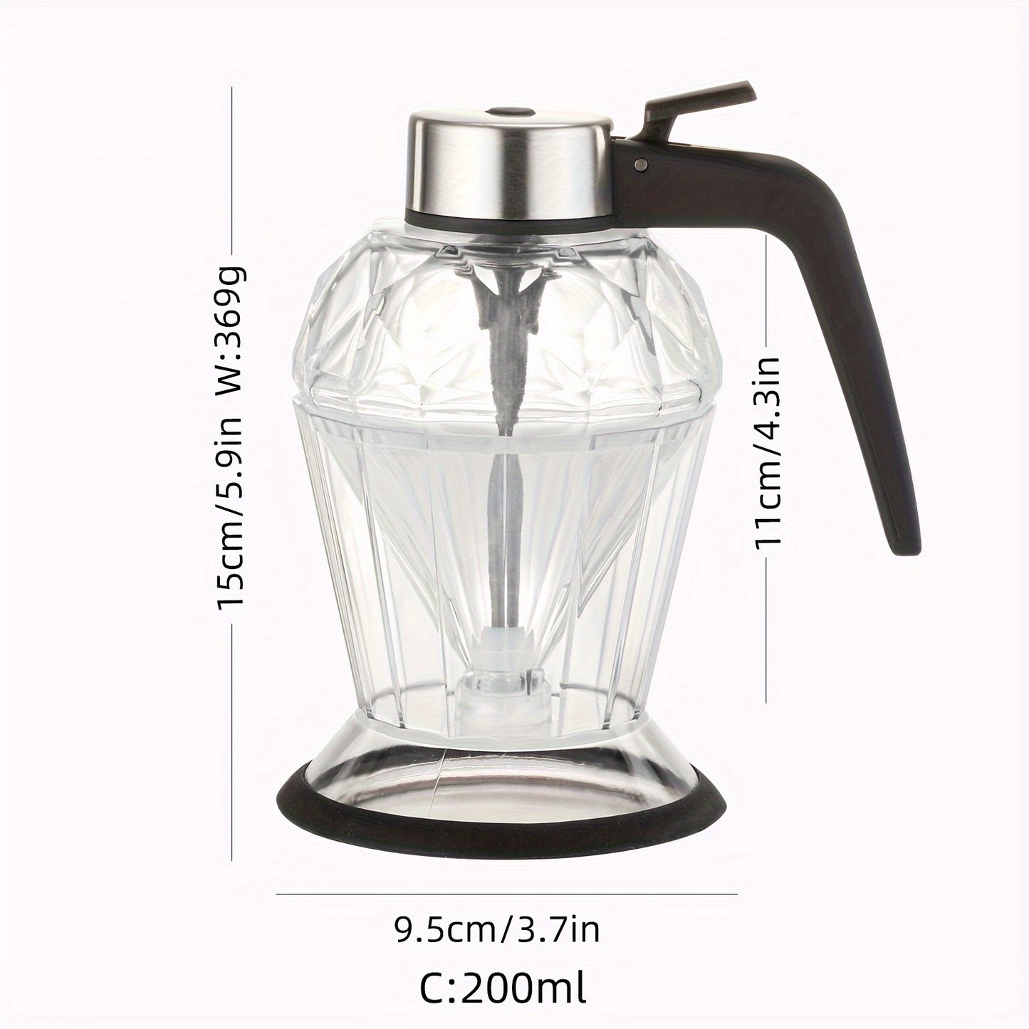 Diamond design glass dispenser with stand, ideal for honey, syrup, and oil in kitchen or coffee bar.