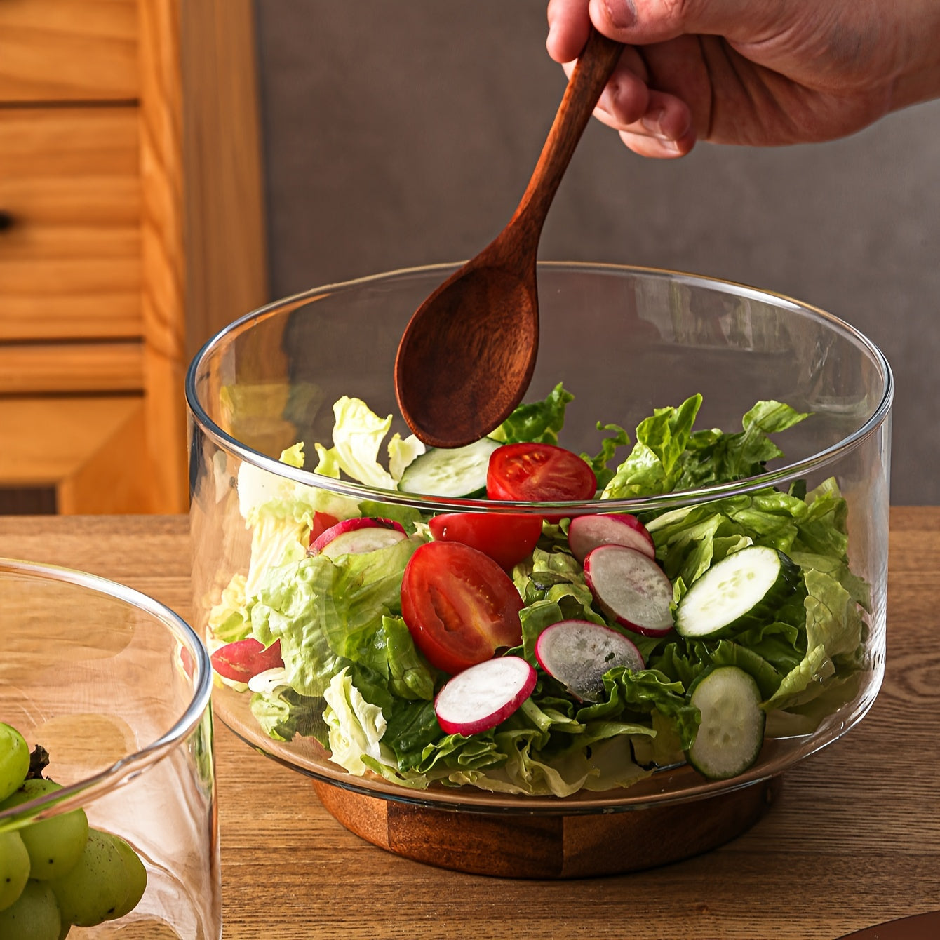 Clear glass bowl for fruit, yogurt, baking, or dessert. Nordic style tableware for home, kitchen, or restaurant use.