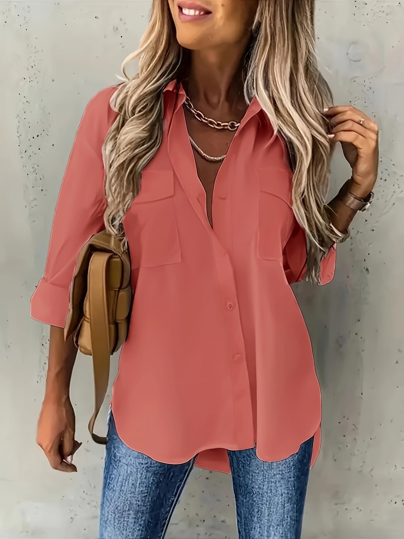 Plus size casual button front shirt with flap pockets, perfect for spring.