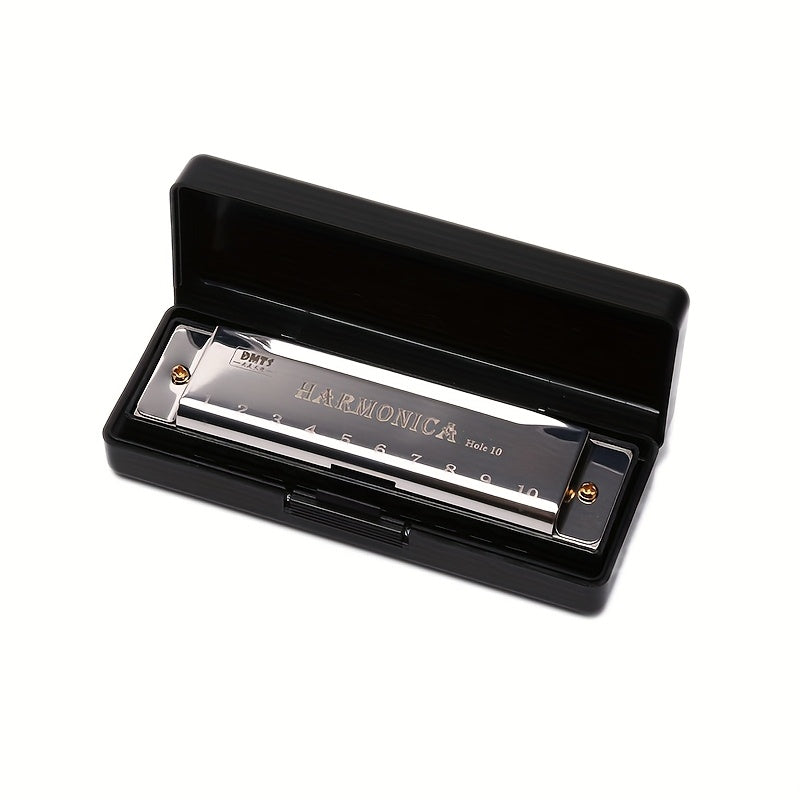 1pc Harmonica Beginner's Kit including a 10-hole copper core resin mouth organ with brushed metal and plastic construction, polished finish in red, golden, or black options.