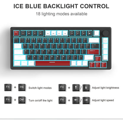 Compact 75% mechanical gaming keyboard with ice blue backlight, yellow switches, ergonomic EVA foam design, knob control, NKRO PC gaming, red & white keycaps, 16 DIY options.