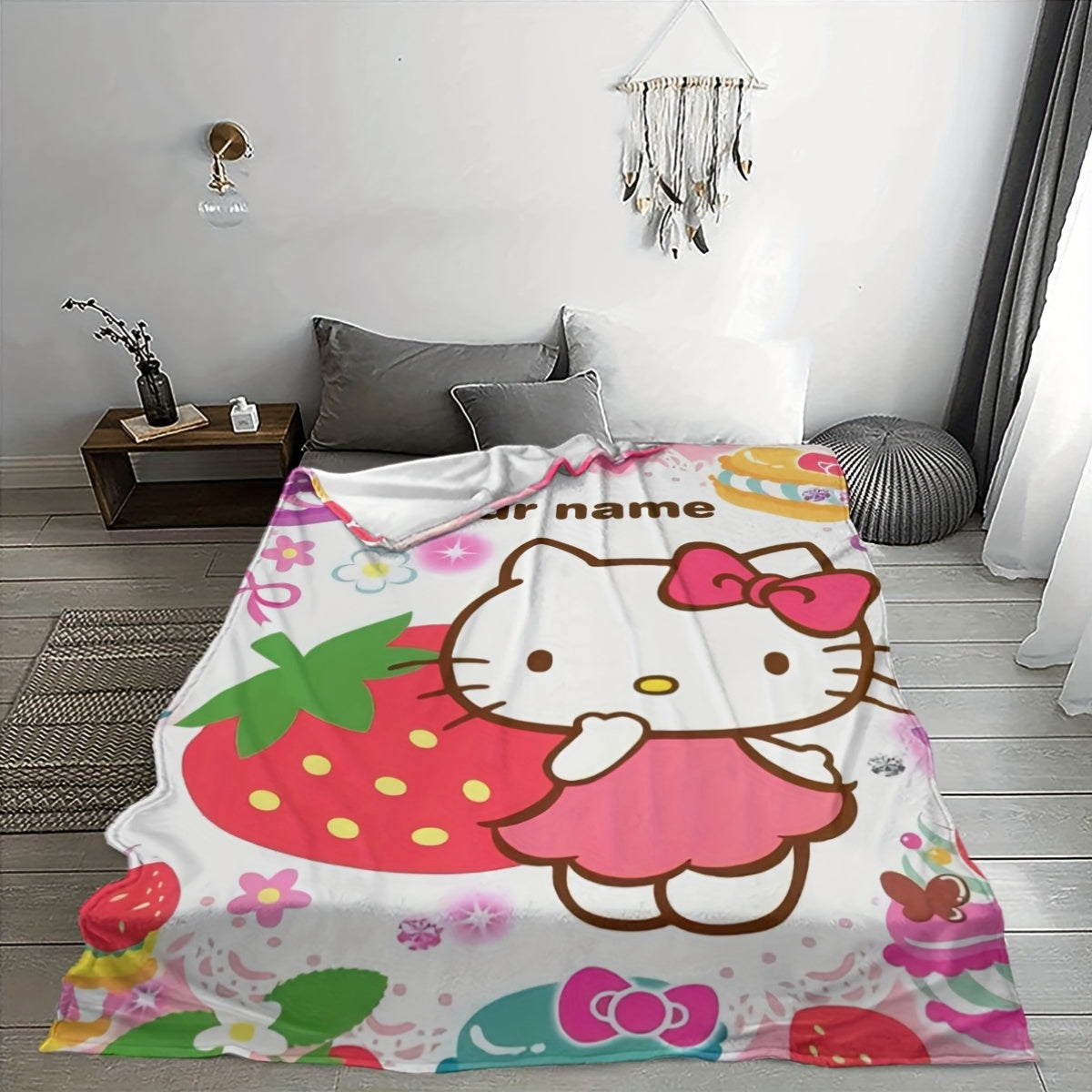 Decorate your space with this adorable Cartoon Hello Kitty Customized Blanket! Made from soft and cozy flannel, this blanket is perfect for keeping you warm and comfortable in any season. It's also a great gift idea for Hello Kitty fans. Add a touch of