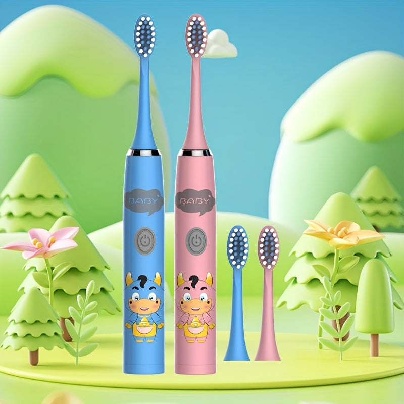 2 Electric Toothbrushes with battery-powered cartoon style and replaceable ultra-soft bristles. Includes 2-12 brush heads and a 2-minute smart timer for effective dental plaque cleaning