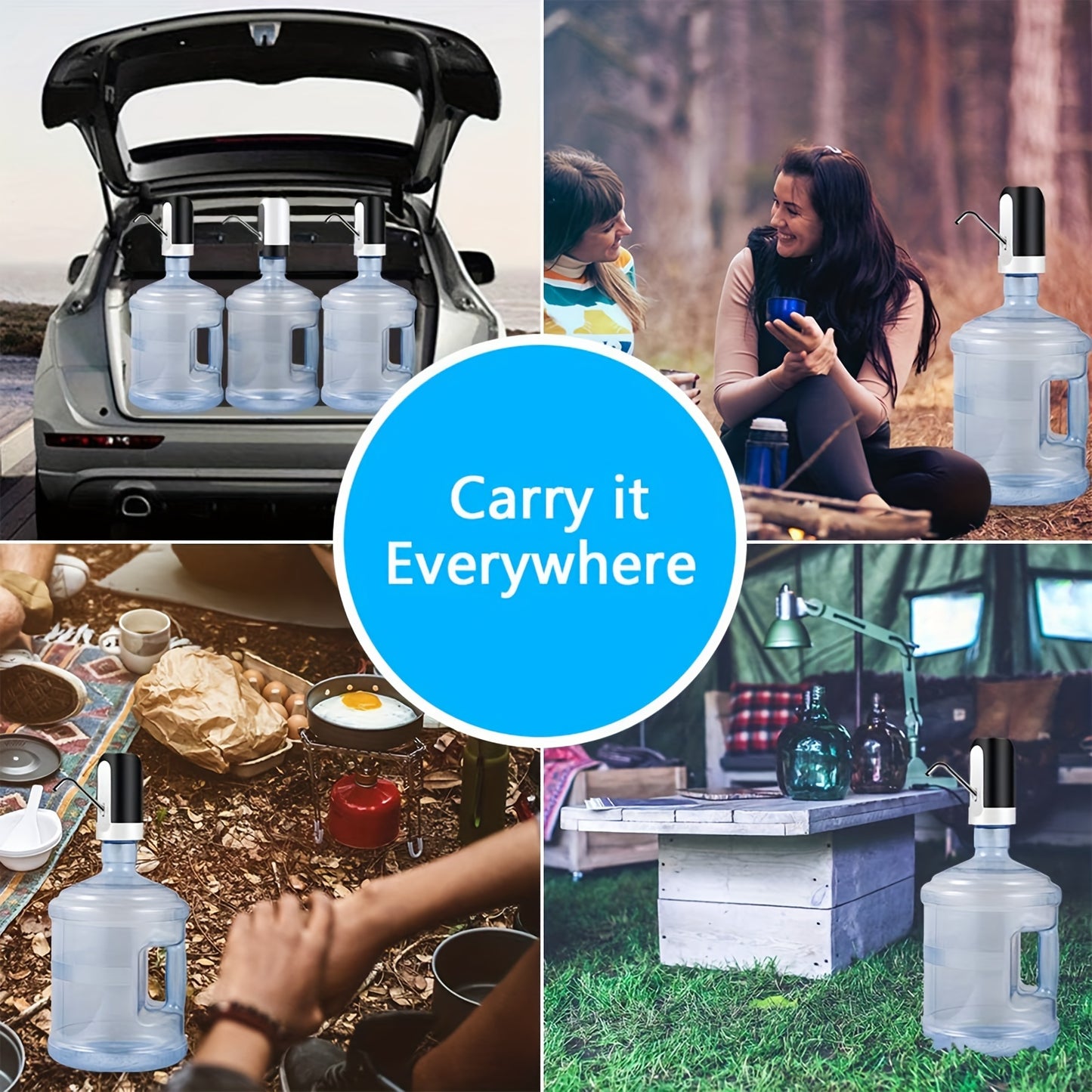 Electric water bottle pump for 11.36-18.93 L bottles with USB rechargeable lithium battery and ≤36V operating voltage. Ideal for camping.