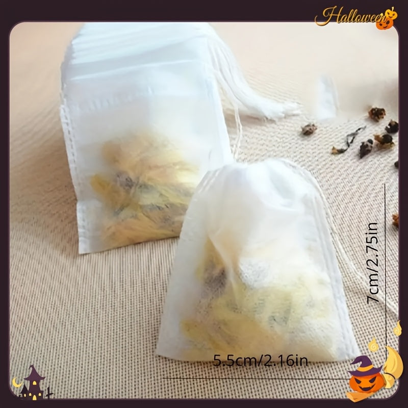 Pack of 100 non-woven tea bags with drawstring, perfect for spices, herbs, and floral teas. Easy to use and made of durable cloth material.