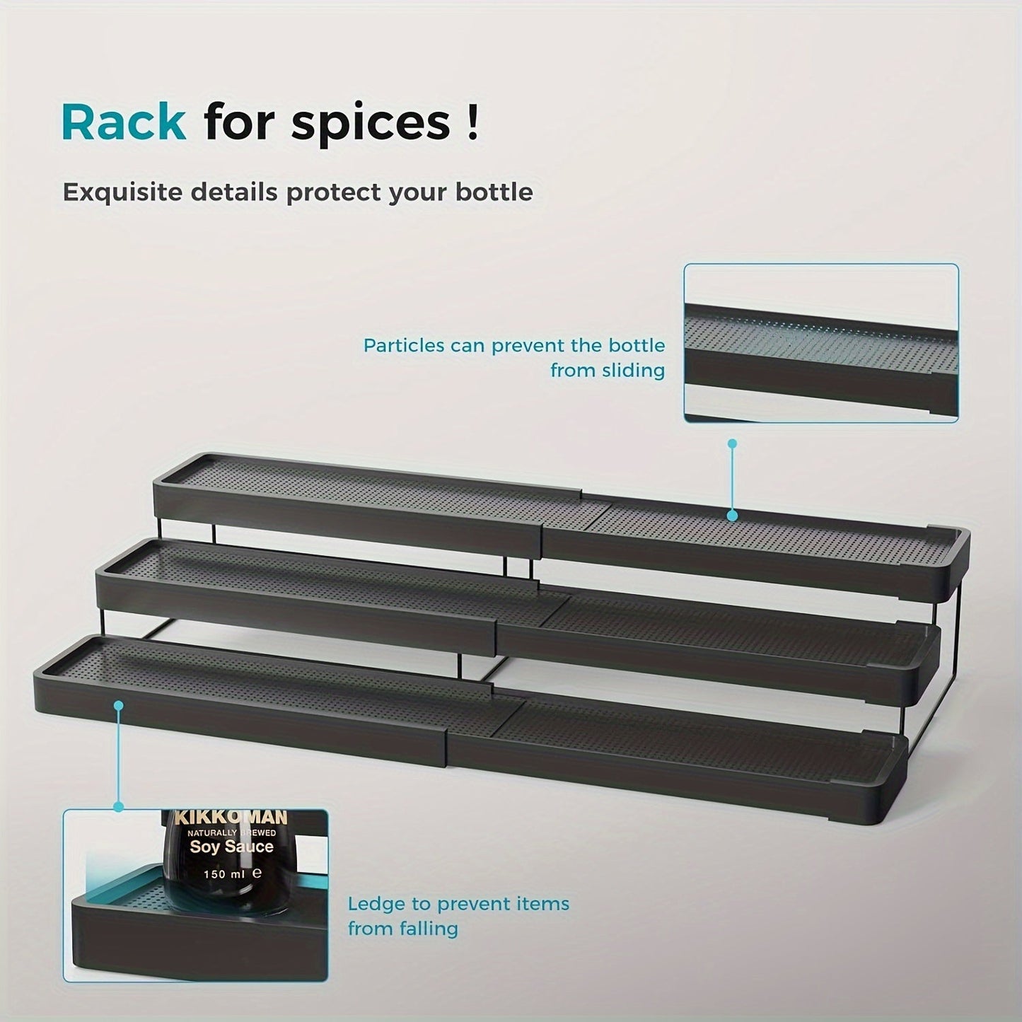 Expandable spice storage organizer, featuring 3 adjustable tiers for cabinets, countertops, cupboards, pantries, and shelves. Ideal for kitchen organization and storage, complete with kitchen accessories.