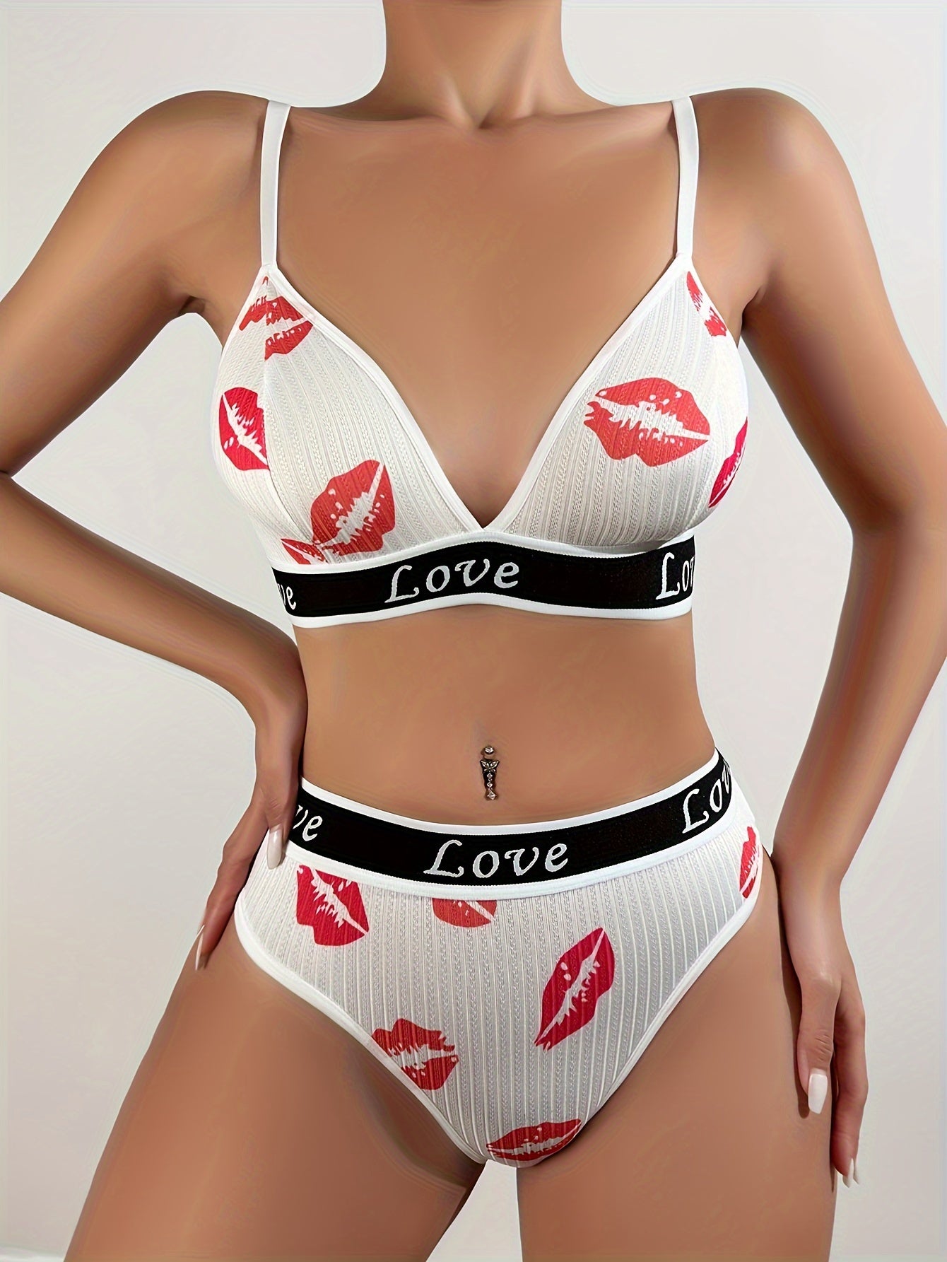 Valentine's Day themed lingerie set with red lips print and LOVE letter tape design.