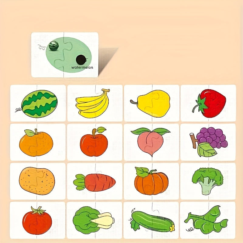 Educational puzzle set for kids with characters, occupations, fruits, vegetables, and vehicles — promotes cognitive development with colorful flashcards.