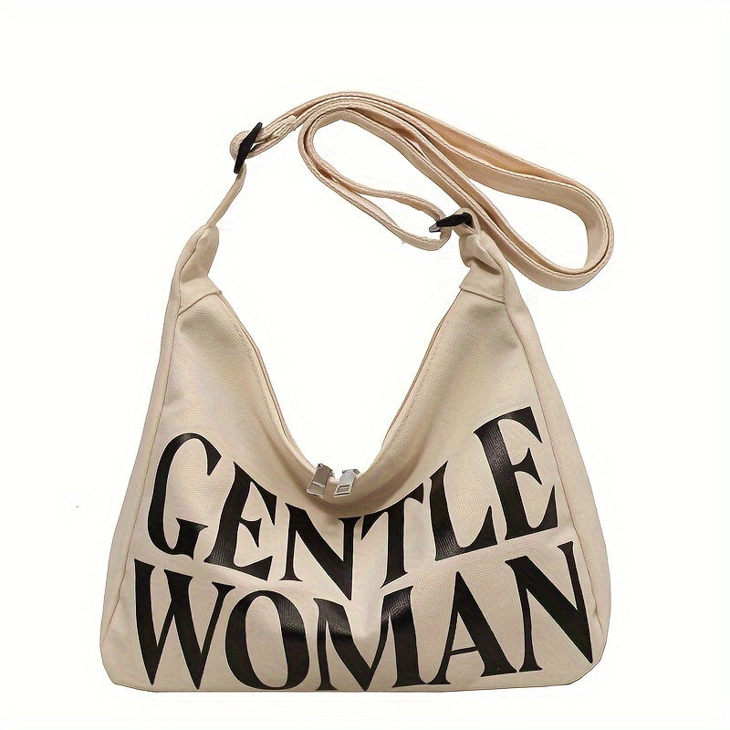 Chic letter print tote bag with zipper closure, suitable for casual work and class. Single strap design with polyester lining in black and white.