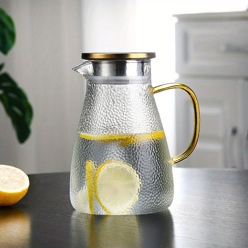 Durable and Elegant Glass Pitcher with Golden Handle - Perfect for Serving Cold Beverages, Tea & Water - Large Capacity, Heat-Resistant Carafe - Dishwasher Safe, Ideal for Home & Restaurant Use