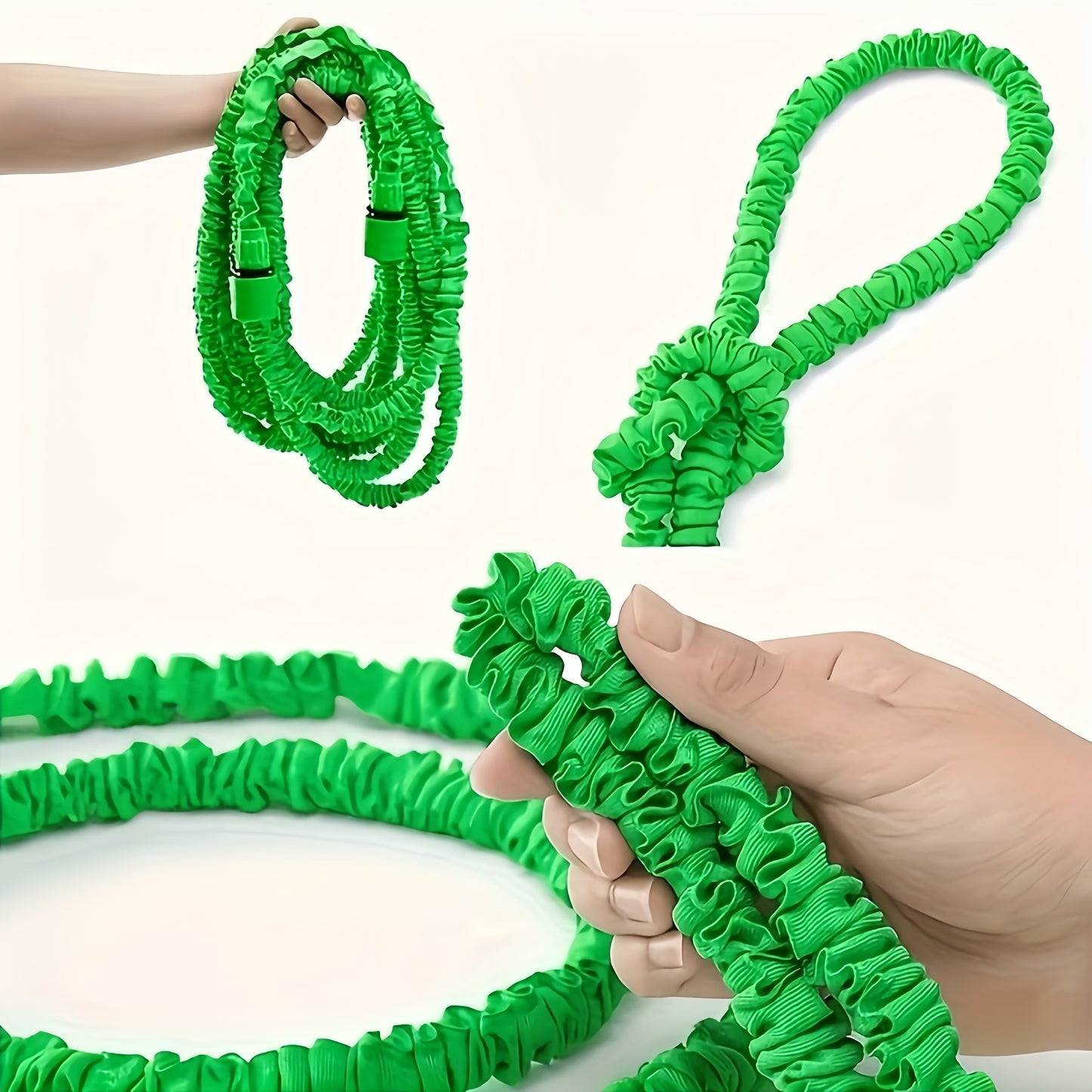 Flexible green garden hose set with high-pressure nozzle and connector for various outdoor uses such as watering, car wash, and pet cleaning. Available in lengths of 22.86m, 30.48m, and