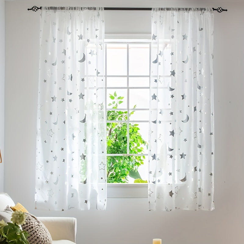 White tulle curtains with shiny silver and golden stars moon cartoon design, perfect for kids' room. Can also be used as modern and cute window treatment sheers for living room or bedroom. Features 1PC rod pocket top for easy hanging.