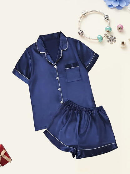 Short-sleeve satin pajama set with shorts, women's loungewear.