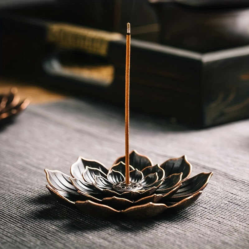 Brass lotus incense burner with ashtray, incense stick holder for European classic romance themed room decor.