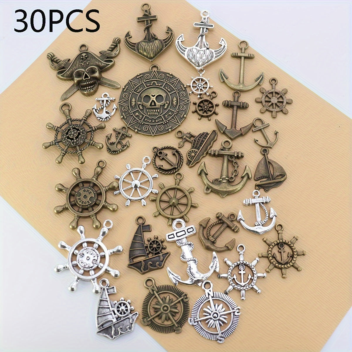 Set of 30 Assorted Pirate-themed DIY Jewelry Pendants, featuring Retro Alloy Anchor, Rudder, Compass, and Ship Wheel designs, perfect for creating Nautical Style Jewelry