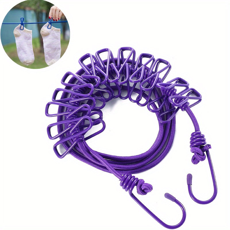 Adjustable Elastic Portable Travel Clothesline with 12 Clips - Retractable Camping Clothes Line Perfect for Indoor and Outdoor Use.