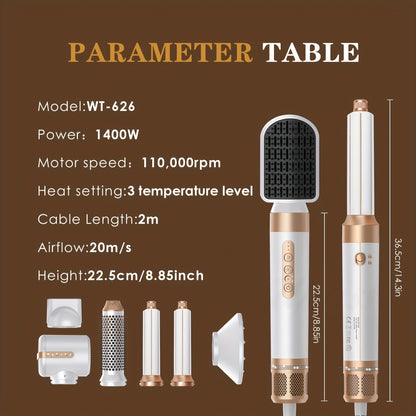 7 in 1 hot air brush with high speed hair dryer, diffuser, oval brush, air curling wand, concentrator attachment, and styler tools.