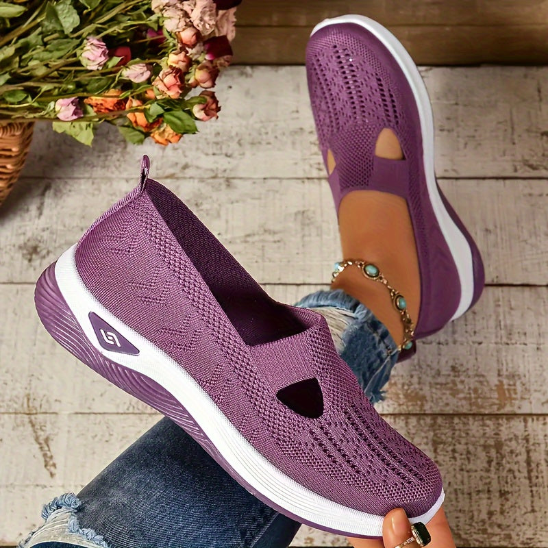 Women's breathable knit slip on sneakers, lightweight and solid colored.