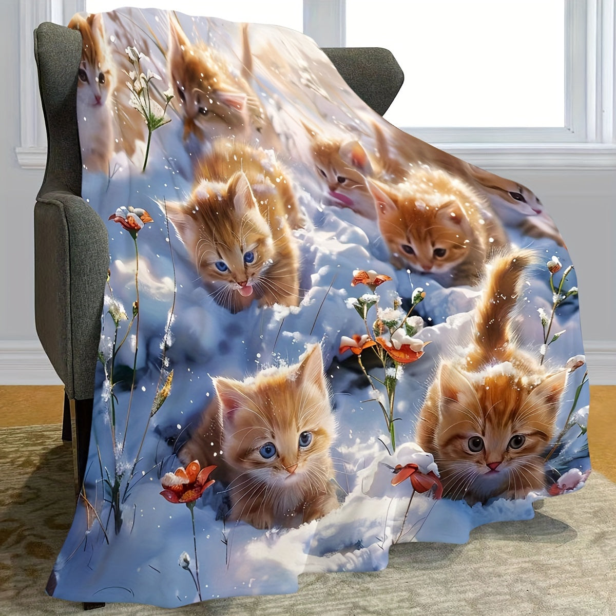 Soft, lightweight, and warm, this cozy flannel throw blanket is adorned with adorable kitten-themed designs. Ideal for staying comfortable on your bed or sofa in any season.